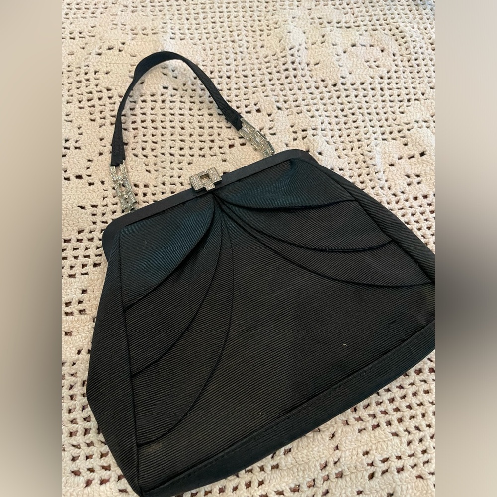 Vintage handbag black Grosgrain with rhinestones